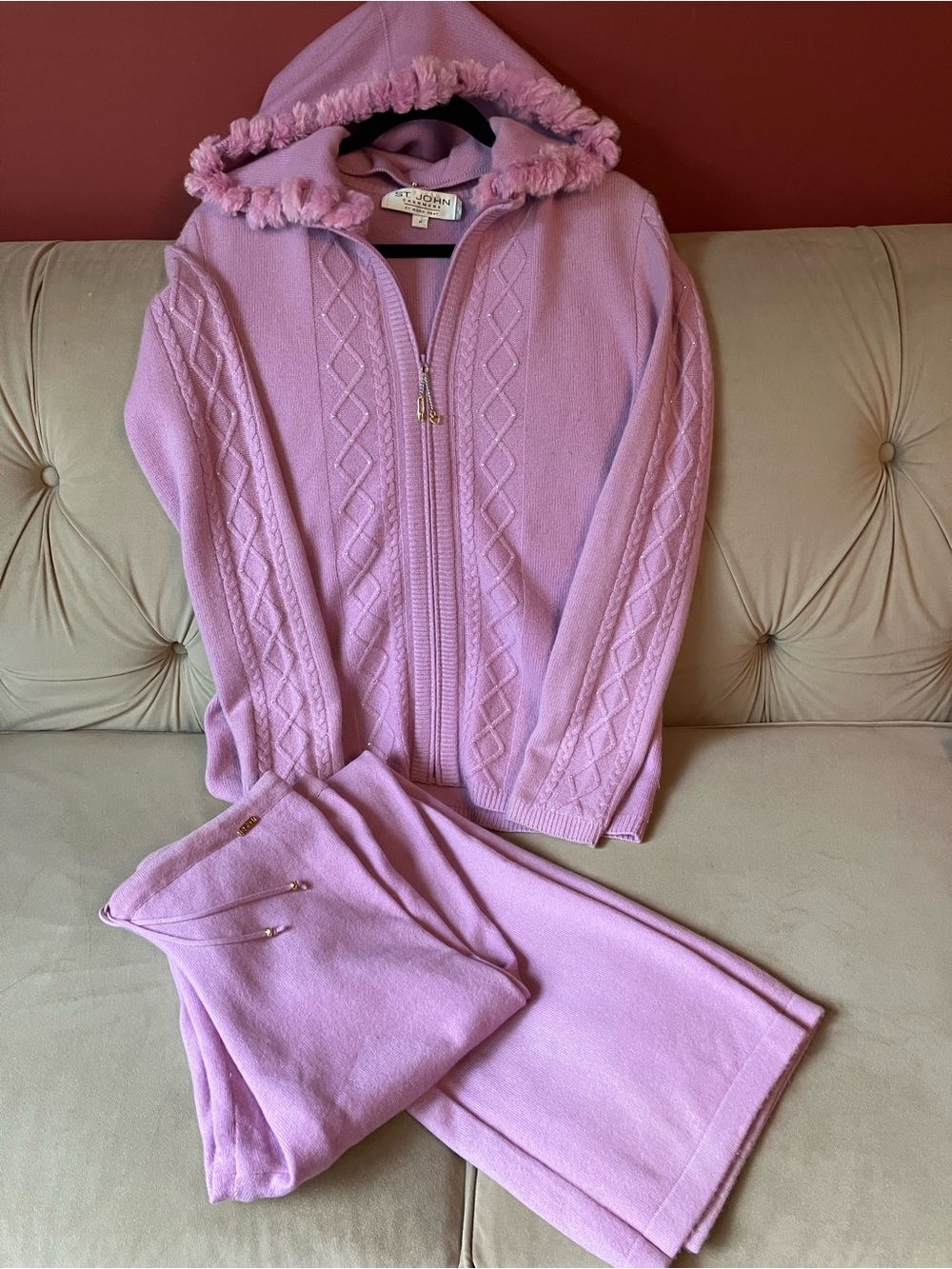 St. John Cashmere Set, Fur Trim Zip Cardigan and Drawstring Pants, Lavender